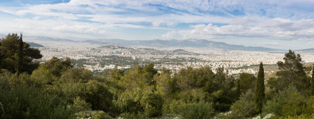 Panoramic view of Athens seen from Ymithos Mountain, Greeceの写真素材