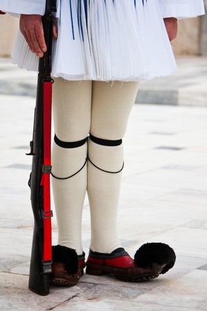 Evzones standing guard in front of the Parliament in Athens.の写真素材