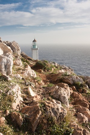 Landscape with Tenaro Lighthouse in the Peloponnese, Greece, February 2010の写真素材