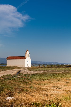 Small chapel at Strophylia Wetlands in Peloponnese, Greeceの写真素材