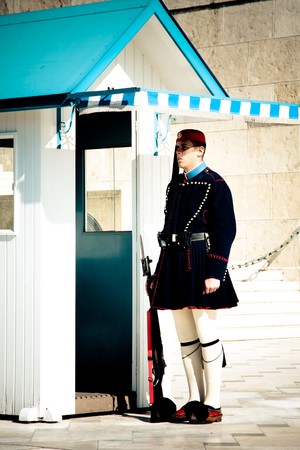 Athens, Greece - February 2010: Evzones sitting on guard in front of the Greek Parliamentのeditorial素材