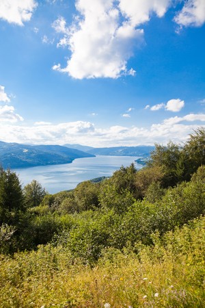 Summer landscape of Izvorul Muntelui Lake (aka Bicaz Lake) in Romania.の写真素材