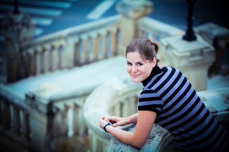 Portrait of a young woman outdoor, vintage style.の写真素材