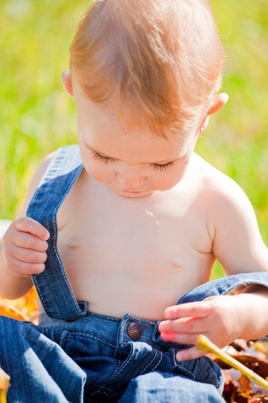 Small baby girl spending time outdoor on a warm autumn day.の写真素材