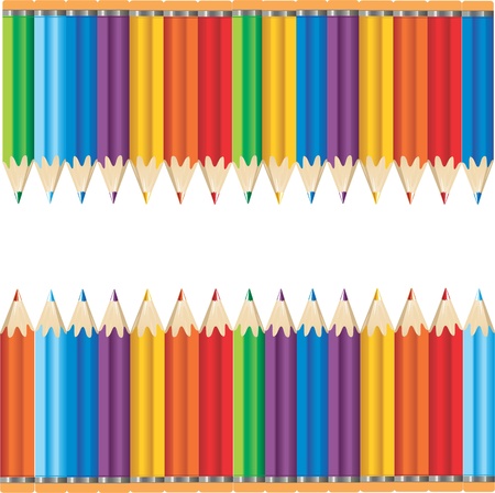 Vector illustration of two rows of multi colored pencils against a white background with space in between for text.のイラスト素材
