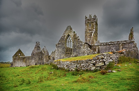 Overcast landscape of Ross Friary in summertime, Ireland.の写真素材