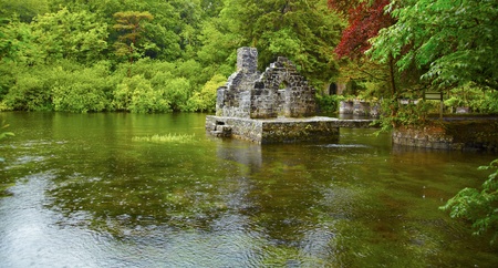 Panorama of Monk's fishing house at Cong Abbey on a rainy day, Ireland.の写真素材
