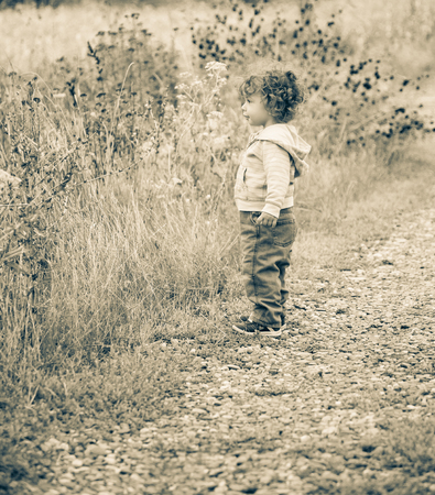 1 year old baby boy walking through the countryside.の写真素材
