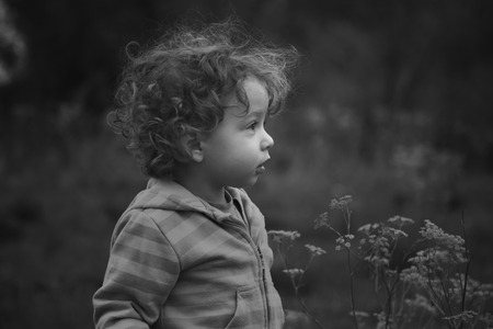1 year old baby boy walking through the countryside.の写真素材