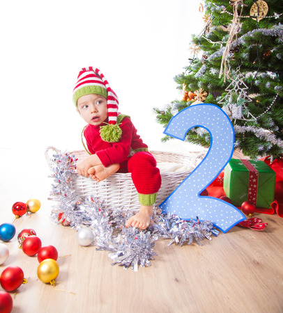 2 year old baby boy Christmas shooting in studio.の写真素材