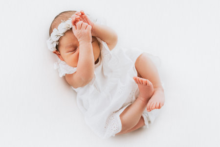 Newborn baby girl portrait, photographed in studio. Dressed in white dress.の写真素材