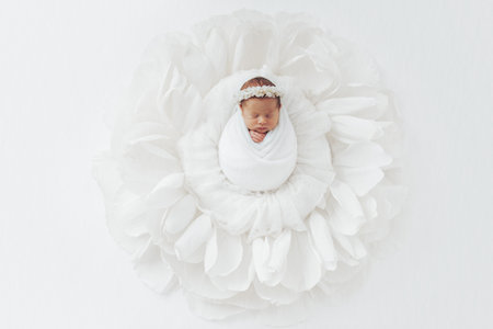 Newborn baby girl photographed in studio, on white background. Stylized and wrapped in paper flower. Fineart.の写真素材