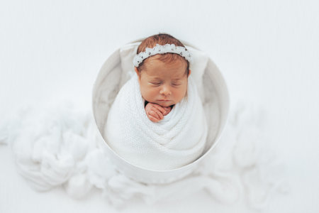 Newborn baby girl photographed in studio, on white background. Stylized and wrapped in bucket.の写真素材