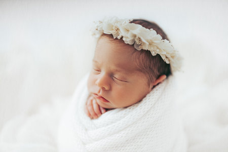 Newborn baby girl photographed in studio, on white background. Stylized and wrapped in paper flower. Fineart.の写真素材