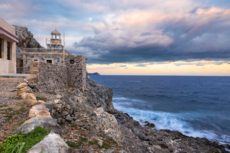 Monemvasia Lighthouse at sunset, on Monemvasia Island, in Peloponnese, Greece.の写真素材