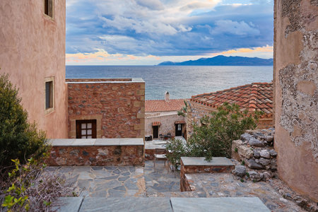 Fortified village of Monemvasia in Greece. Traditional medieval era fortified village of Monemvasia at Greeceの写真素材