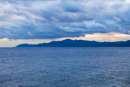 Dramatic Landscape of the Coast of Peloponnese in the evening, seen from Monemvasia, Greeece.の写真素材