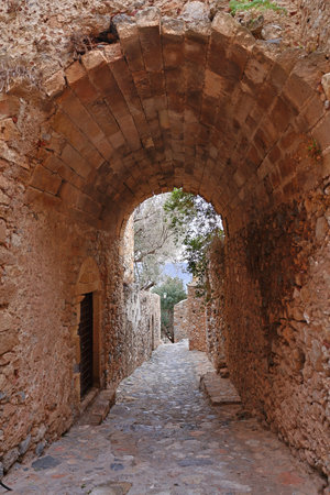 Fortified village of Monemvasia in Greece. Traditional medieval era fortified village of Monemvasia at Greeceの写真素材