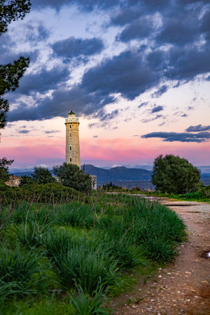 Sunset over Gytheio (Cranae) Lighthouse, during winter, in Laconia, Greece.の写真素材