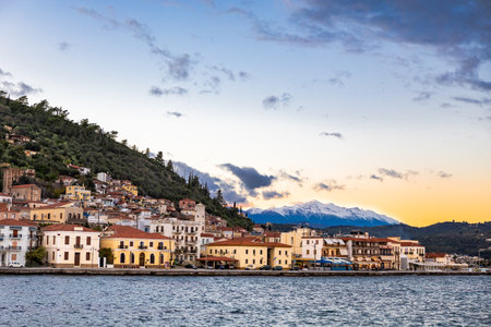 Sunset during winter in Laconia, Greece. The snowy peaks of Taigetos Mountains seen in the distance.の写真素材