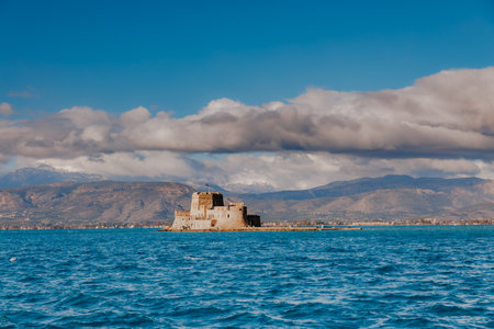 Bourtzi water fortress in Nafplio, Peloponnese, Greece, in winter seasonの写真素材