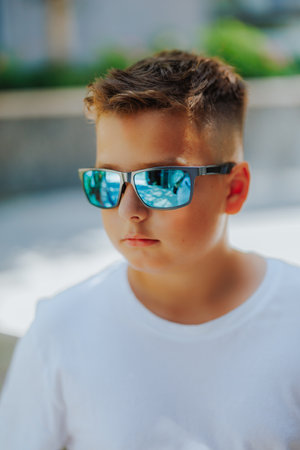 Urban portrait of a 10 year old boy in a city scenery.の写真素材