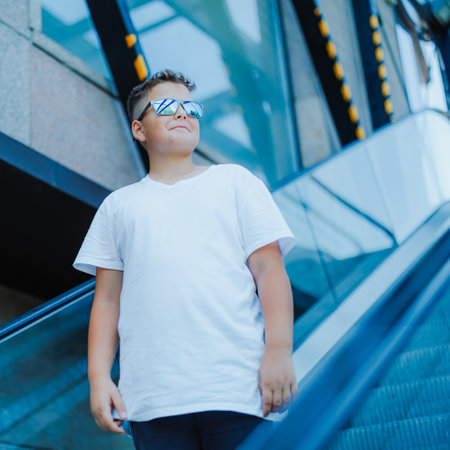 Urban portrait of a 10 year old boy in a city scenery.の写真素材