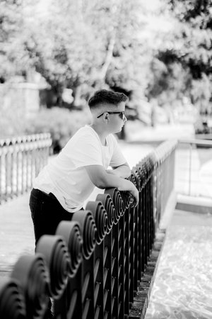 Urban portrait of a young boy in a city scenery.の写真素材