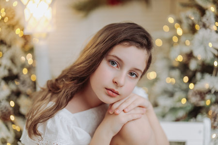 Studio portrait of a delicate 10-year-old girl in a festive Christmas setting. Surrounded by warm lights and holiday decorations, she exudes innocence and joy, capturing the magic of the season.の写真素材