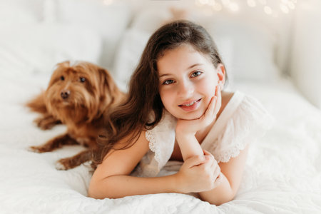 Studio portrait of a delicate 10-year-old girl in a festive Christmas setting. Surrounded by warm lights and holiday decorations, she exudes innocence and joy, capturing the magic of the season.の写真素材