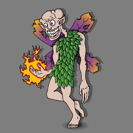 Fancy evil elf cartoon character with fireball and singed wings, creative vector hand drawing illustration nightmare pixie from fairy tales, with malicious smile for web and printのイラスト素材