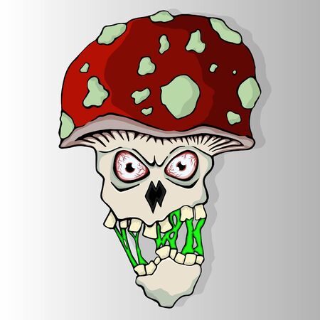 Fly-agaric character with toxic spit. Infected Amanita muscaria mushroom creepy head with falling off jawのイラスト素材