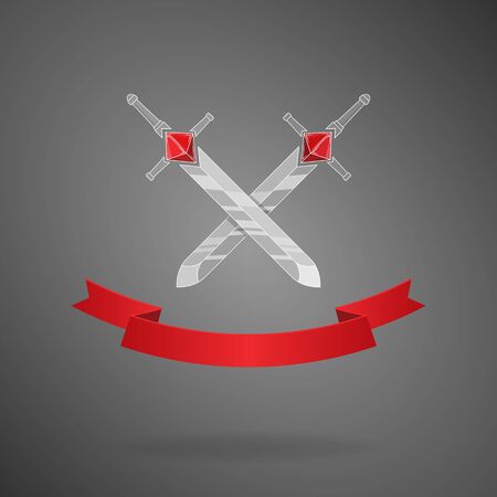 Set of cartoon vector weapon with red ribbon, swords with dice hilt RPG games.  Red crystal D6 dice, classic game battle hardware.のイラスト素材