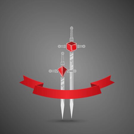 Set of cartoon vector weapon with red ribbon, sword with dice hilt RPG games.  Red crystal D4,D6 dice, classic game battle hardware.のイラスト素材