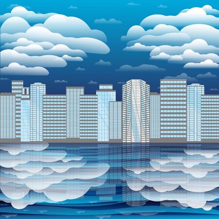 Urban big city Askycrapers panorama on lake or ocean, big city cartoon illustration with a ray of light, tower with cute sunrise or sanest and clouds. Creative industrial vector poster.のイラスト素材