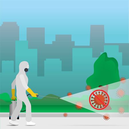 Medical scientist disinfecting bacteria virus. Preventive measures pandemic health risk in hazmat suit cleaning disinfecting corona virus cells, disease. MERS-CoV concept 2019-nCoV.のイラスト素材
