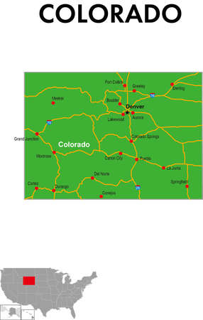 This is a map of Colorado, Usa. It depicts the state capital, major cities, highways, highways, lakes, and more.のイラスト素材