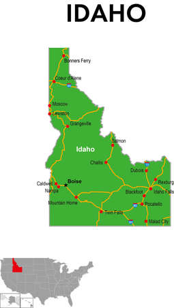 This is a map of Idaho in the United States. It depicts the state capital, major cities, highways, highways, lakes, and more.のイラスト素材
