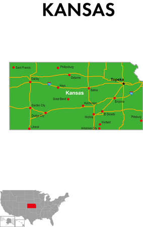 This is a map of Kansas, USA. It depicts the state capital, major cities, highways, highways, lakes, and more.のイラスト素材