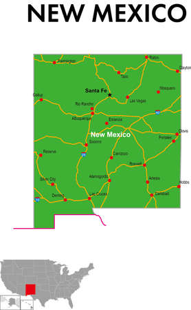 A map of New Mexico in the United States. It depicts the state capital, major cities, highways, highways, lakes, and more.のイラスト素材