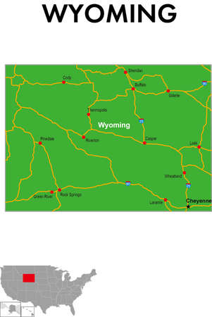This is a map of Wyoming in the United States. It depicts the state capital, major cities, highways, highways, lakes, and more.のイラスト素材