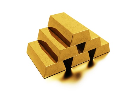 golden bars with reflection isolated on whiteの写真素材