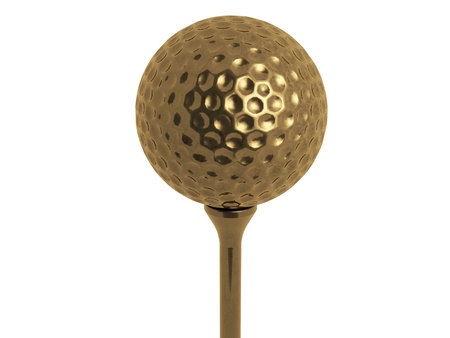 gold golf ball on tee isolated on whiteの写真素材