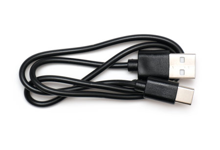 black micro usb type-c wire isolated on white background