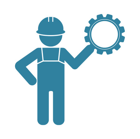 worker in helmet with gear in hand icon isolated on white backgroundの写真素材