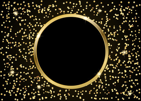 circle gold frame on black flare background with starsの写真素材