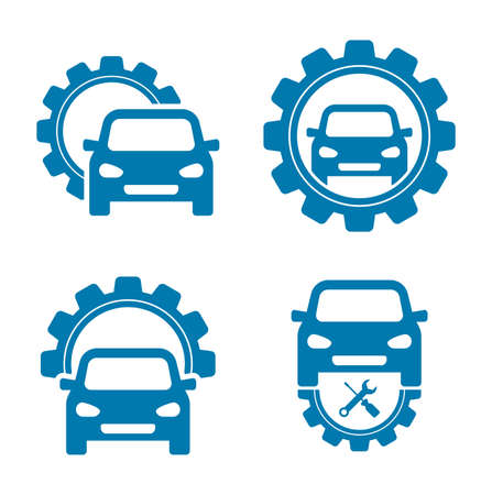 Car with gear repair icon. Auto repair shop logo with tools and cog wheel isolated on white background.の写真素材