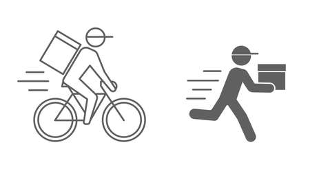 Courier person on bicycle. Delivery outline icon with package box isolated on white background.の写真素材