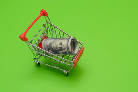 metal shoppin cart with dollars money on green background