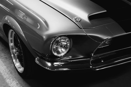 Retro car show, Saint-Petersburg, Russia, 26 may 2022. Muscle car black and white photo.のeditorial素材